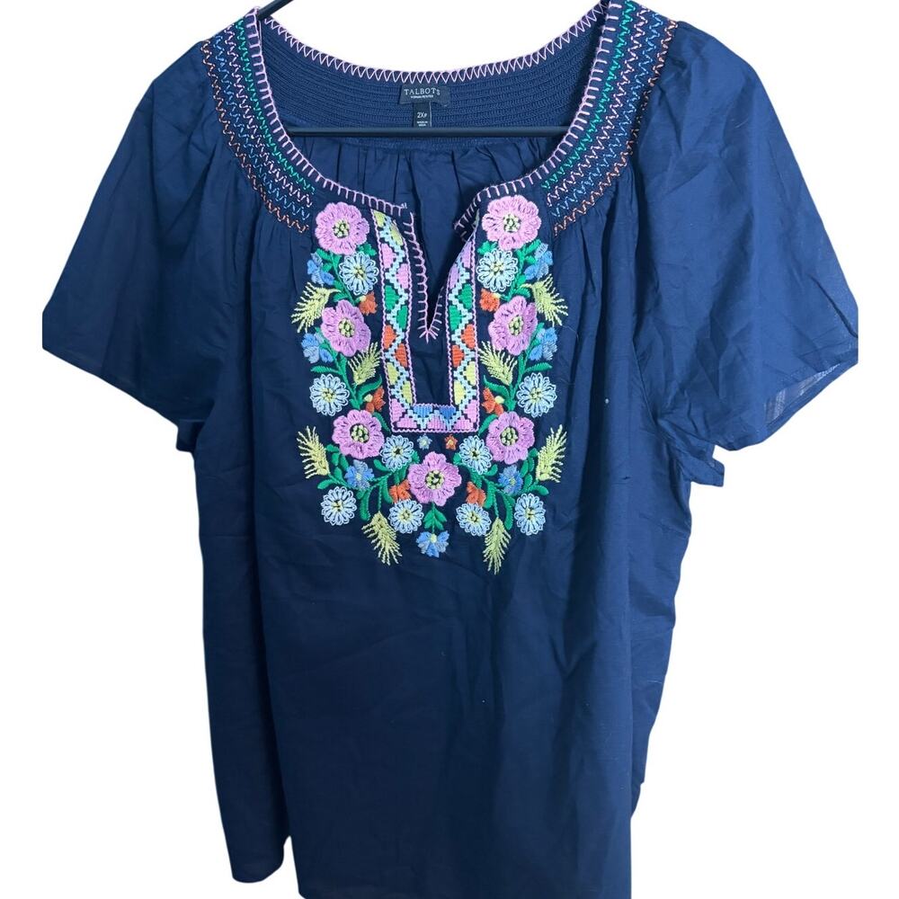 Talbots Woman Petite 2XP Navy Floral Embroidered Peasant Blouse Boho Tunic Top